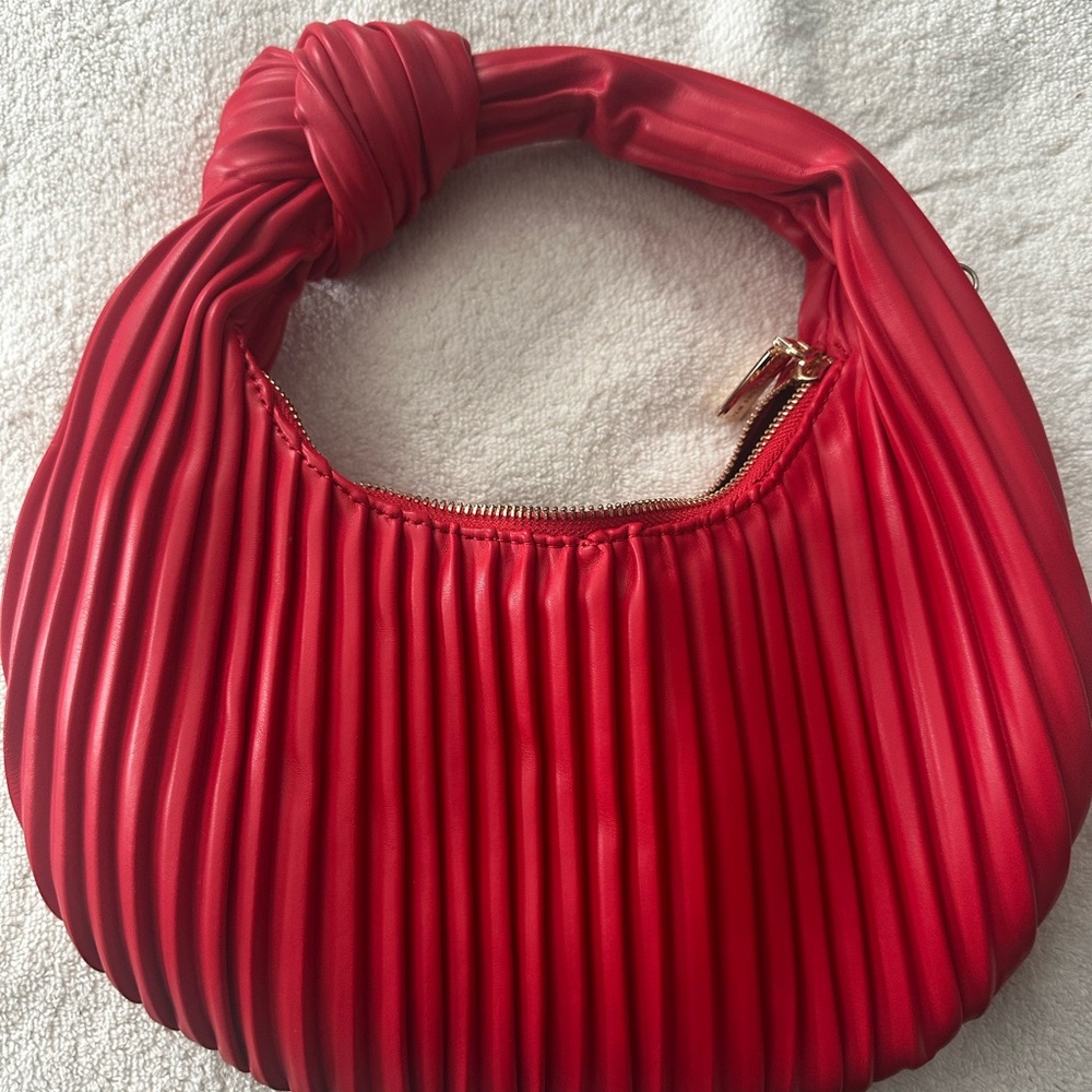 Crescent Shaped Red Pleated Women's Bag